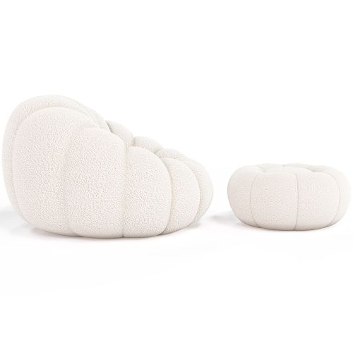 Upholstered Armchair with Ottoman White Boucle Rubi